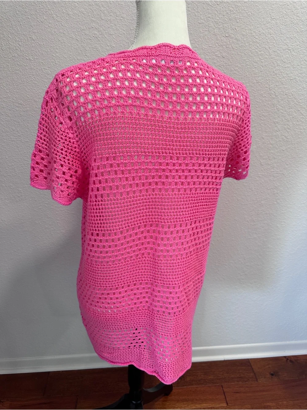 Bright Pink Crochet Short-Sleeve Women's Swim Coverup/Dress